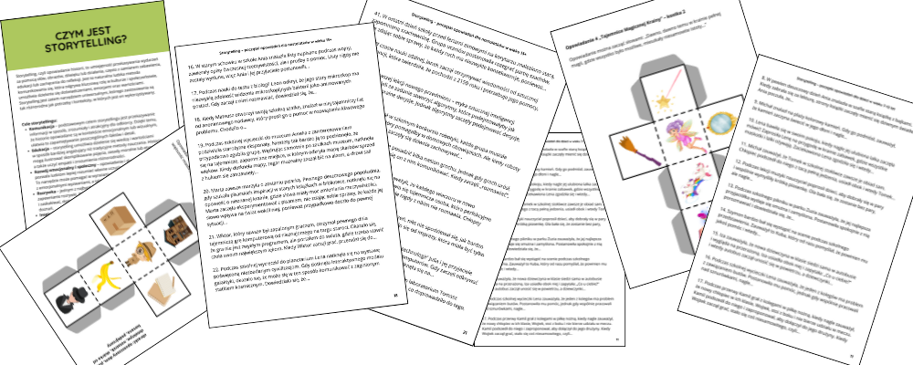 „Storytelling. 100 wstępów do tworzenia opowiadań. 20 kostek tematycznych. Pomoc edukacyjna do druku" przykładowe strony storytelling dzieci i młodzieży